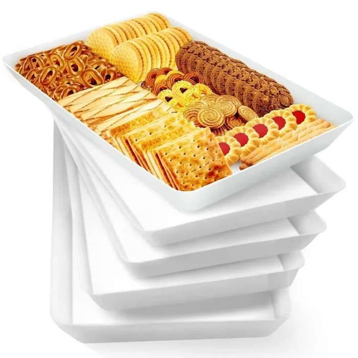 14 in. W x 1.2 in. H 9.3 in. D Reusable Food-Grade Rectangular White Plastic Serving Tray (Set of 5) for Kitchen or Bar