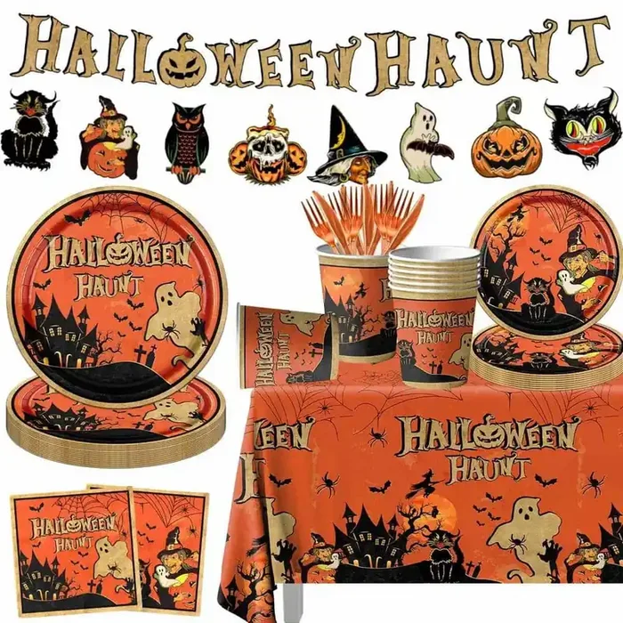 142-Piece Halloween Vintage Decorations Tableware, Halloween Themed Party Supplies Retro Ghost Haunt Pumpkin decor