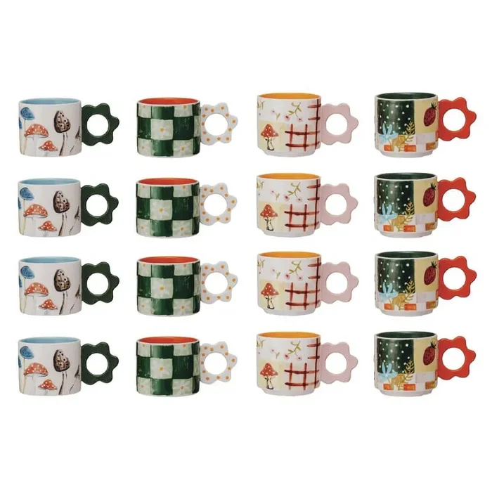 15 oz. Multicolor Stoneware Mug with Flower Handle (Set of 4)