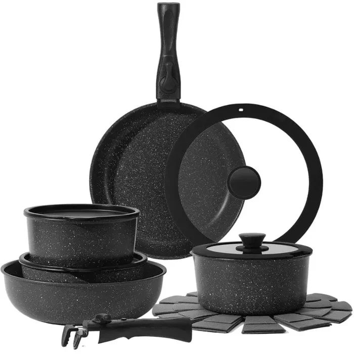 15-Piece Nonstick Granite Cookware Set Pots and Pans Glass Lids, Removable Handle, PFAS PFOA Free in Black