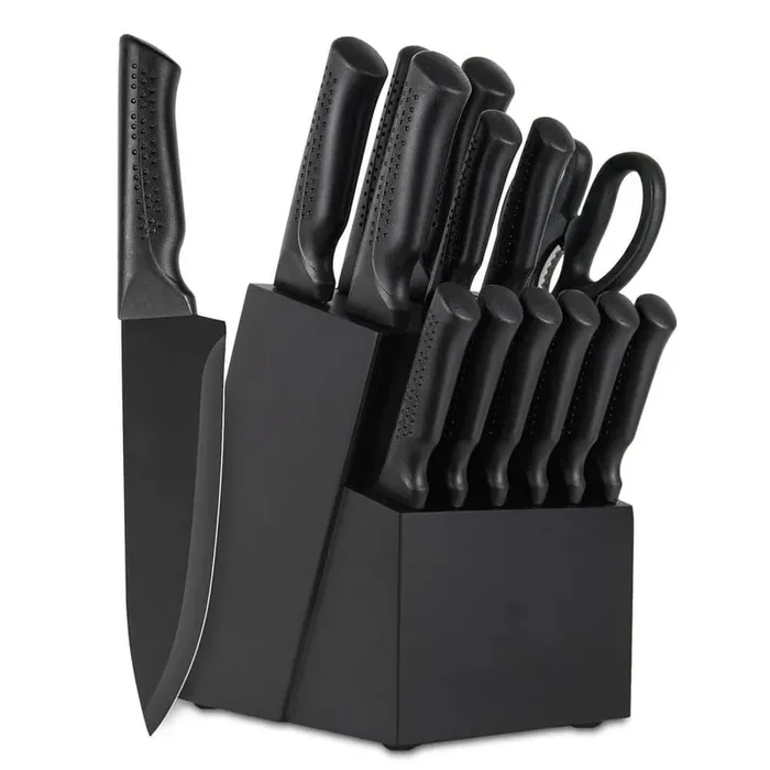 15-Piece Stainless Steel Self-Sharpening Kitchen Knife Set with Knife Block, 6 Steak Knives, Anti-Slip Black Handles