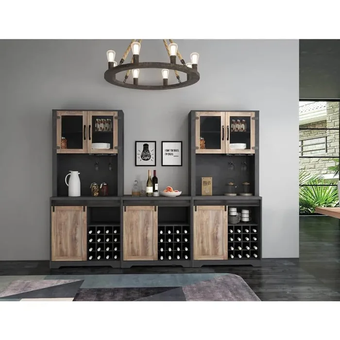16-Bottle Black Wood Wine Rack Farmhouse Barn Door Bar Cabinet with 4 cubicles for Living room dining room