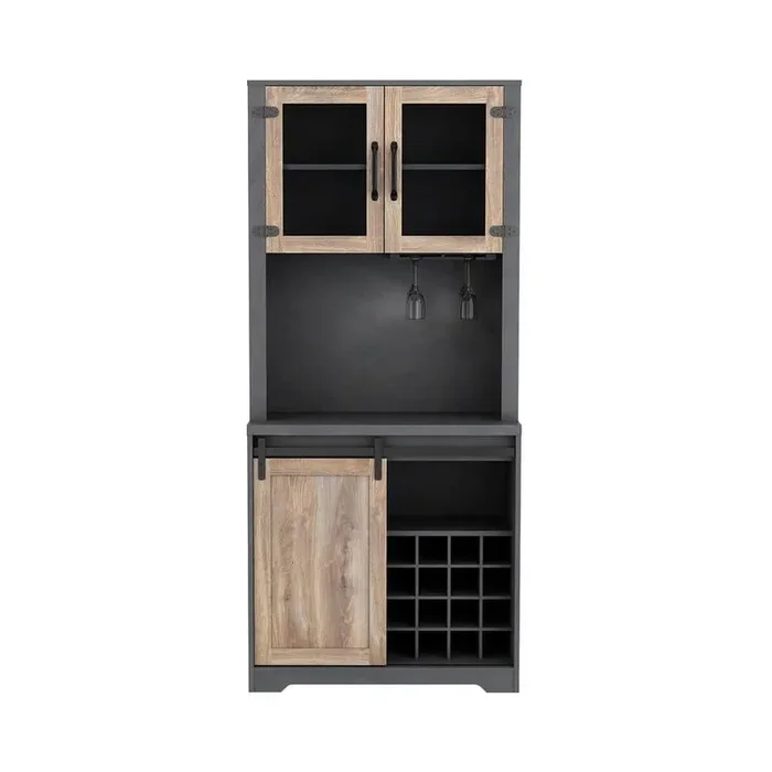 16-Bottle Black Wood Wine Rack Farmhouse Barn Door Bar Cabinet with 4 cubicles for Living room dining room