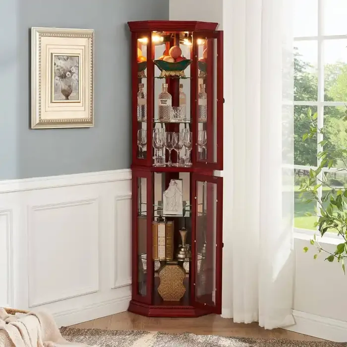 16-Bottle Cherry Corner Curio Cabinet Lighted Corner Display, Glass Display Shelf Shelving with Glass Door, Wine Rack