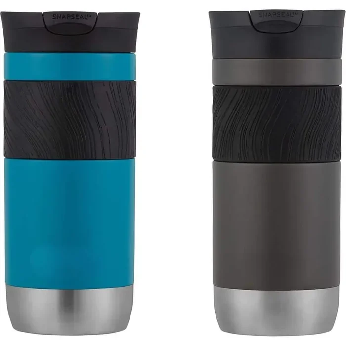 16 oz. Blue/Gray Double-Wall Insulated Thermalock Stainless Steel Travel Mug with Leak-Proof Snap Seal Lid, 2-Pack