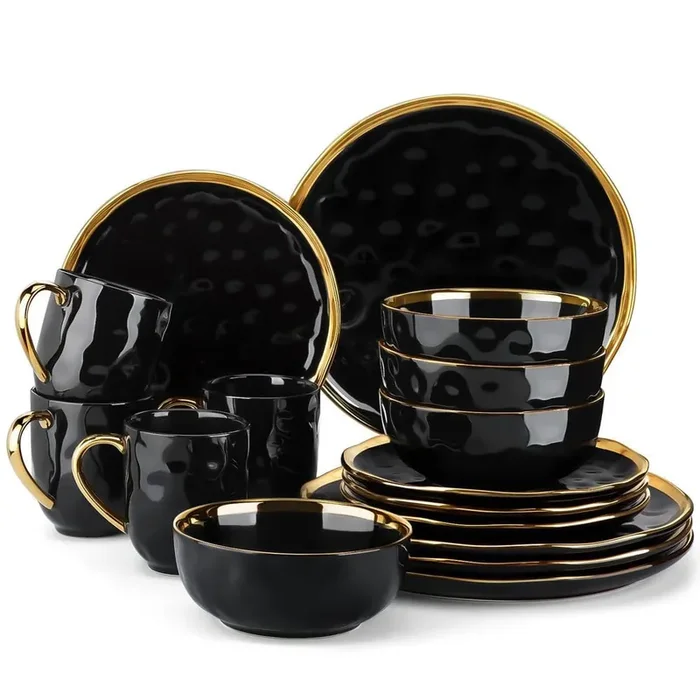 16-Piece Black Porcelain Dinnerware Set Service for 4-Gold Rim Tableware Cereal Bowls Dinner Plates Dessert Plates Mugs
