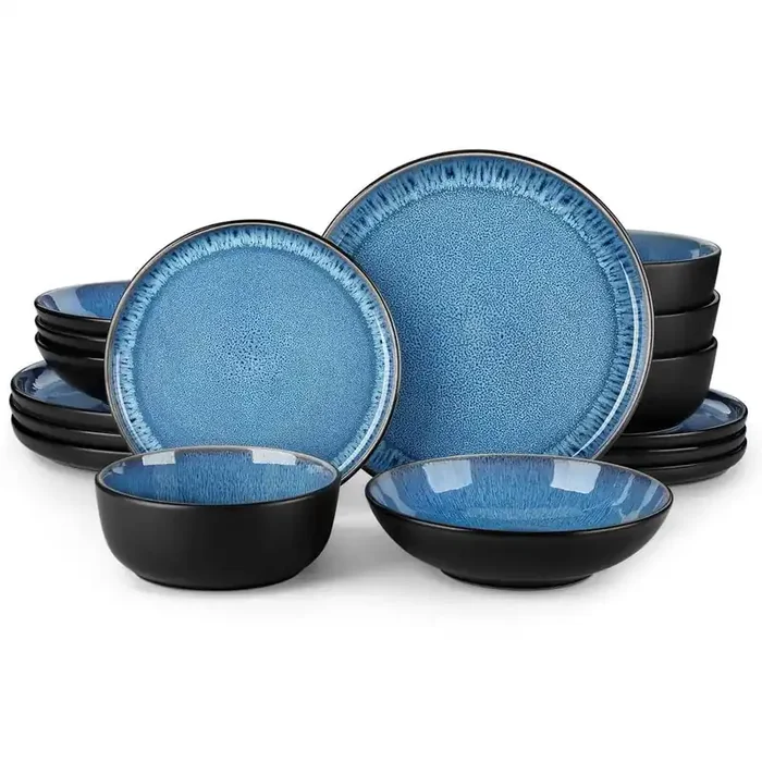 16-Piece Blue and Black Stoneware Dinnerware Set Service for 4 Tableware Bowls and Plates Dining Set Dishware Set