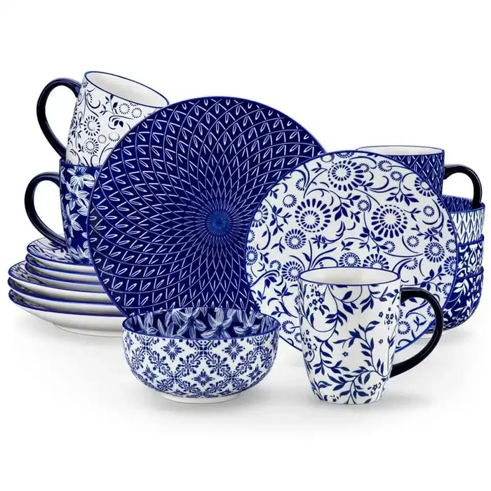 16-Piece Blue Porcelain Dinnerware Set Service for 4 Dinner Set with Dinner Plates Dessert Plates Cereal Bowls and Mugs