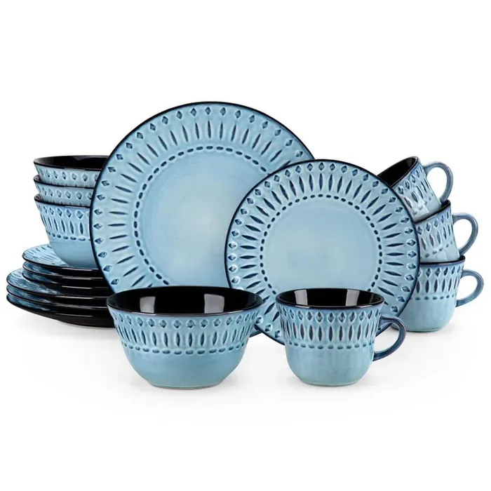 16-Piece Blue Porcelain Dinnerware Set Service for 4-Embossed Pattern Tableware with Dinner Plate Dessert Plate Bowl Mug