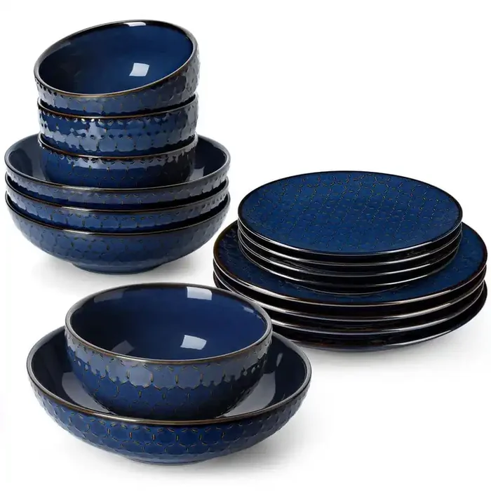 16-Piece Blue Stoneware Dinnerware Set Service for 4-Embossed Honeycomb Shape Pattern Tableware with Plates and Bowls