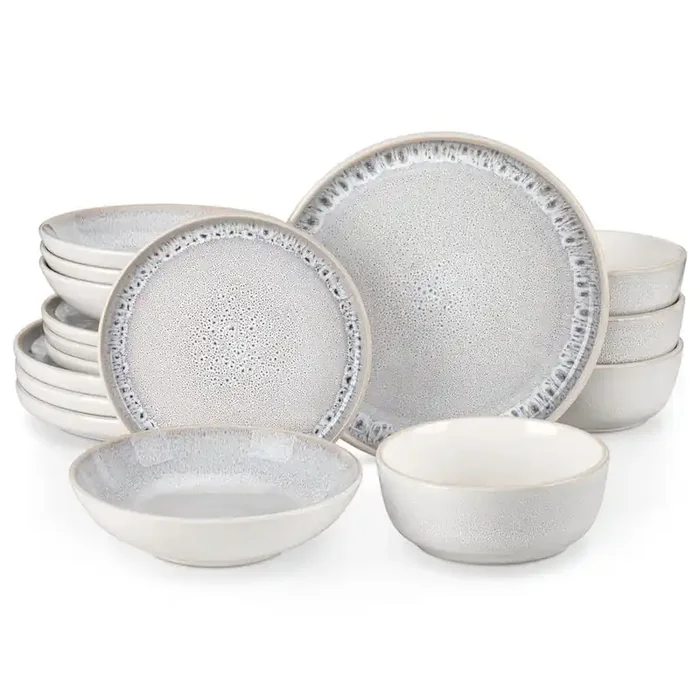 16-Piece Cream White and Beige Stoneware Dinnerware Set Service for 4-Bowls and Plates Set Tableware Dinner Set