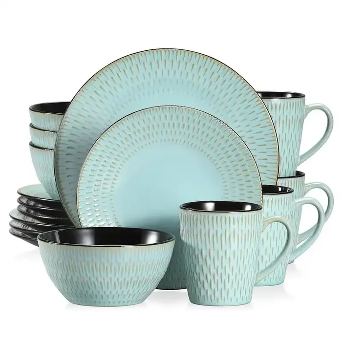 16-Piece Green Stoneware Dinnerware Set Service for 4 Embossed Pattern Tableware Bowls Plates and Mugs Dining Set