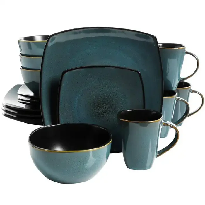 16 Piece Service For 4 Dinnerware Set Stoneware Soft Square in Teal Green