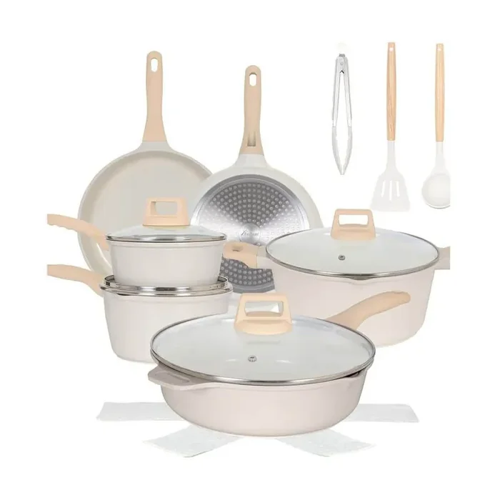 17-Piece Kitchen Cookware Set, Non Stick Pots and Pans Set, Induction Cookware with Utensil and Pan Protectors, White
