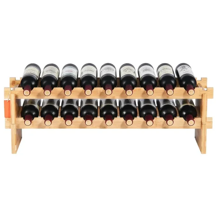 18-Bottle Stackable Wine Rack, 2-Tier Bamboo Wood Storage Shelf, Wobble-Free Floor Stand for Kitchen, Natural Finish