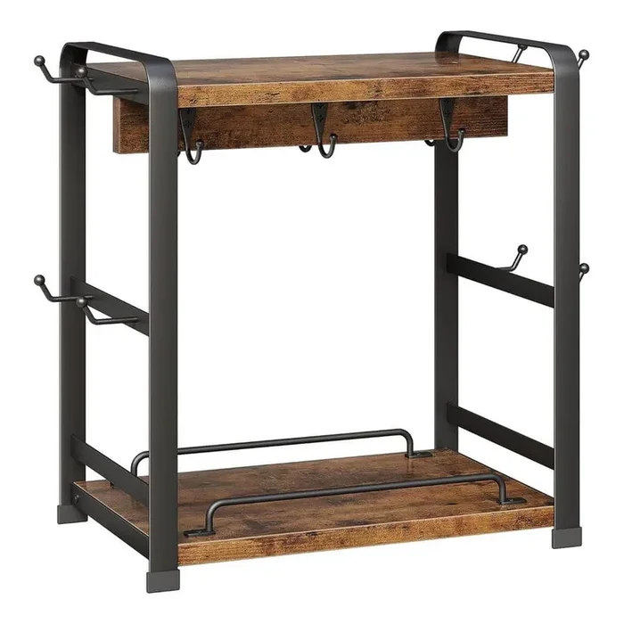 18-Hook Vintage Brown Mug Hook Organizer Two-Tier Wooden Coffee Cup Holder Stand with Storage for Kitchen Office