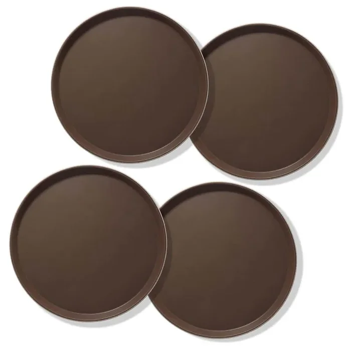 18 in. Round Plastic Non-Slip Serving Trays, Brown – NSF Food Service (Set of 4)