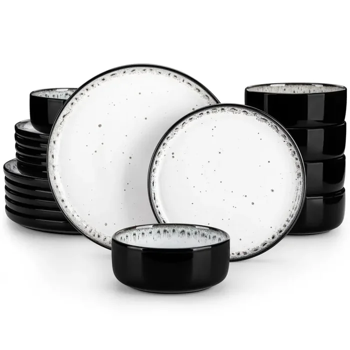 18-Piece White and Black Stoneware Dinnerware Set Service for 6 Cereal Bowls Dinner Plates Dessert Plates Tableware Set