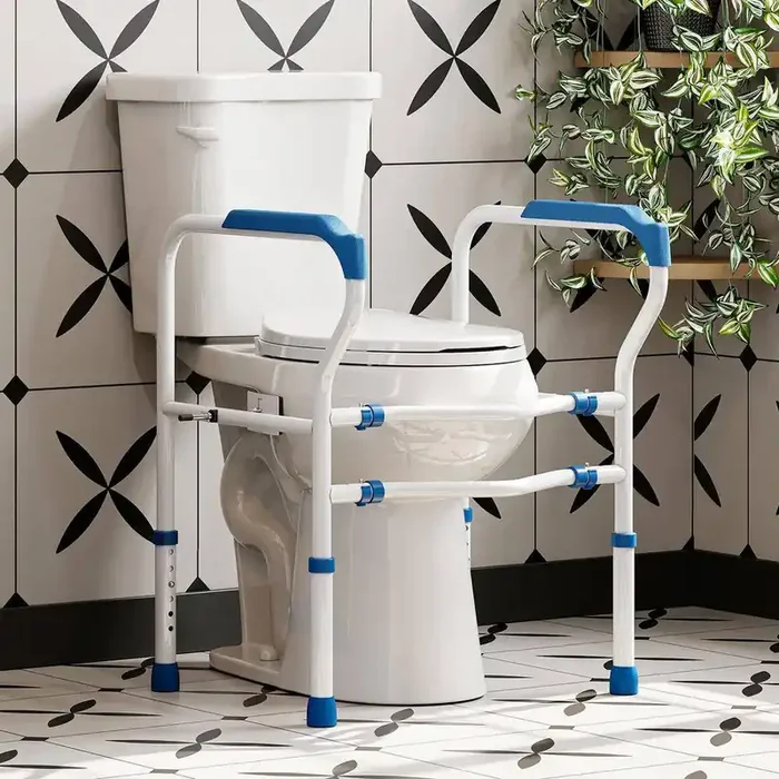 19 in. Tall 2-Piece 1.28 GPF Single Flush Round Toilet with 30.31 in. Toilet Safety Rail with Adjustable Height in White