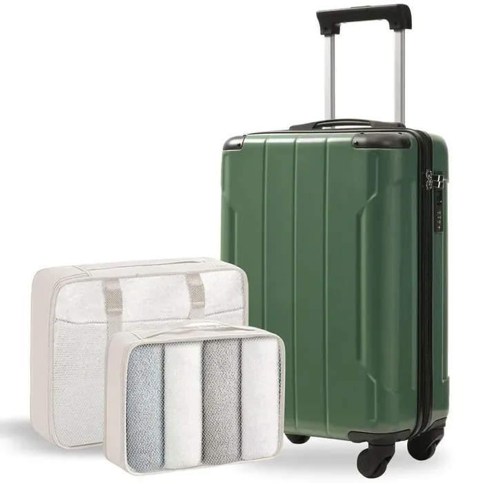 2 Bags 2-Piece Green ABS Hardshell Spinner 20 Luggage Set with 2 Packing Cubes, 3 Digit TSA Lock