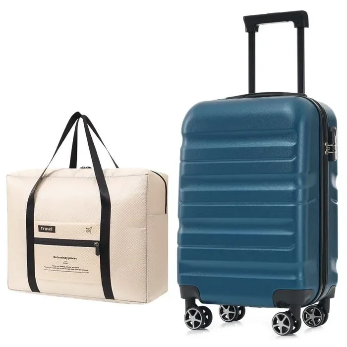 2 Bags 2-Piece Inky Blue ABS Carry-On 20″ Hardside Luggage Set with Foldable Duffel Bag, 360° Dual Spinner
