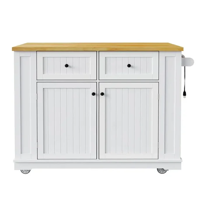 2 Bar Stools White Drop Leaf Wood Top 48 in. Kitchen Island Cart with AC Power Outlets, USB Ports & Silent Hidden Wheels