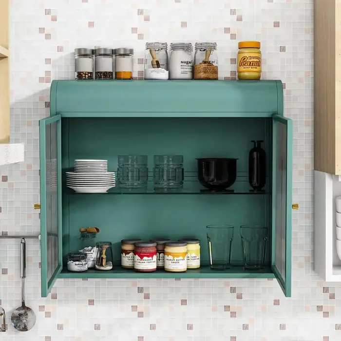 2-Door Wall Mounted Metal Storage Cabinets with Glass Doors & Shelves for Kitchen, Living Room and Bathroom, Green