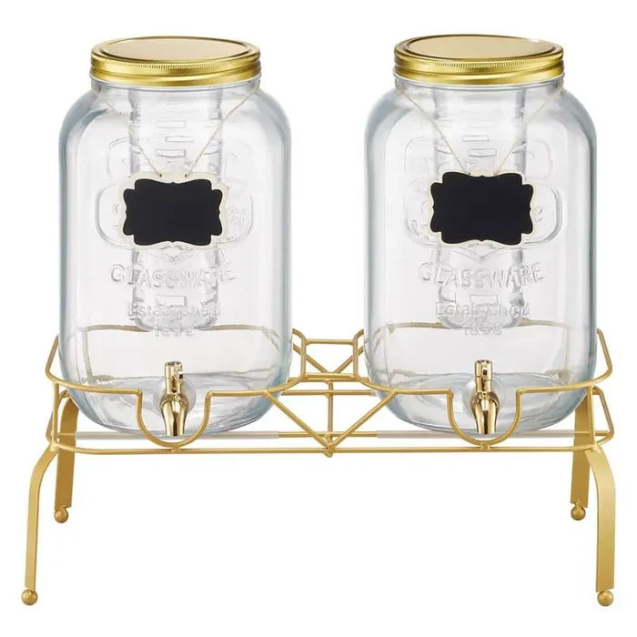 2 Pack 2 Gal. Beverage Dispenser for Parties, Glass with Metal Stand, Stainless Spigot, Infuser, Iced Tea, Lemonade