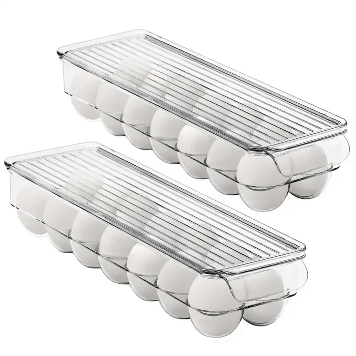 2 Pack Clear Plastic Egg Holder Set with Lids-holds 14 eggs for Fridge, Pantry, BPA-Free