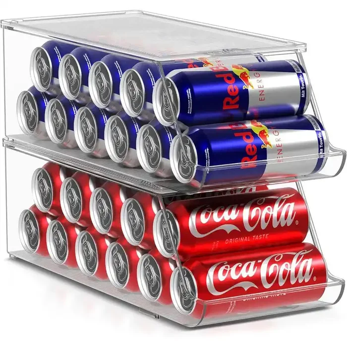 2 Pack Clear Stackable Skinny Soda Can Organizer and Dispenser with Lids, Holds 12 Cans Each