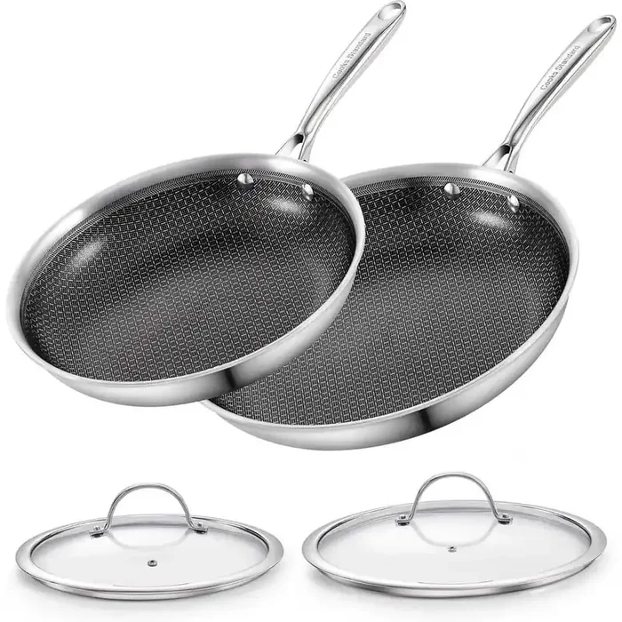 2-Piece 10 and 12 in. Multi-Ply Clad Stainless Steel Hybrid Nonstick Frying Pan Set, Skillet with Tempered Glass Lids