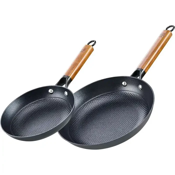 2-Piece Cast Iron Nonstick Skillet Frying Pan Set, 8 and 12 Inch with Detachable Acacia Wooden Handle