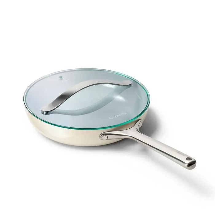 2-Piece Ceramic Fry Pan Cookware Set with Glass Lid in Cream