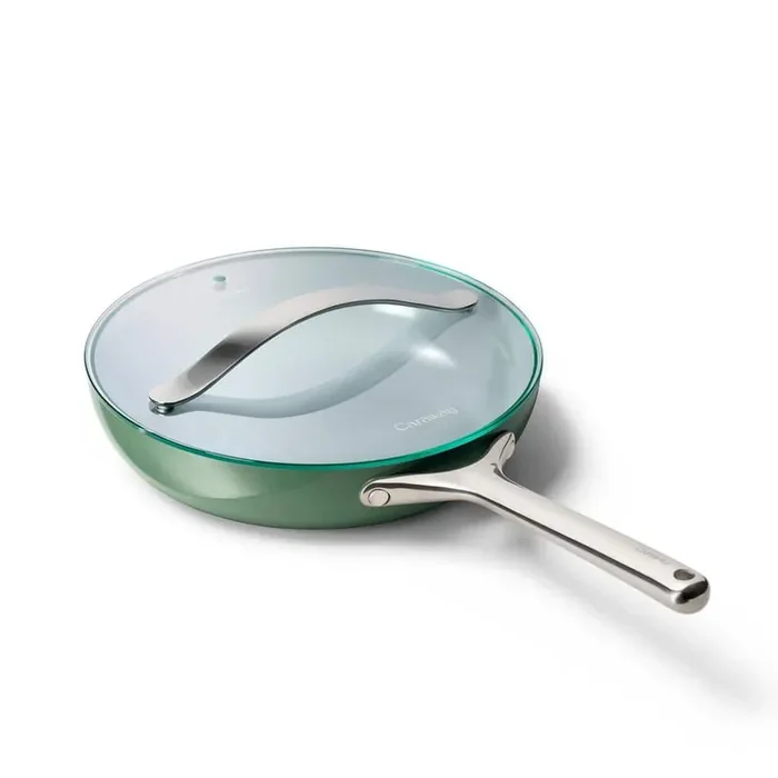 2-Piece Ceramic Fry Pan Cookware Set with Glass Lid in Sage