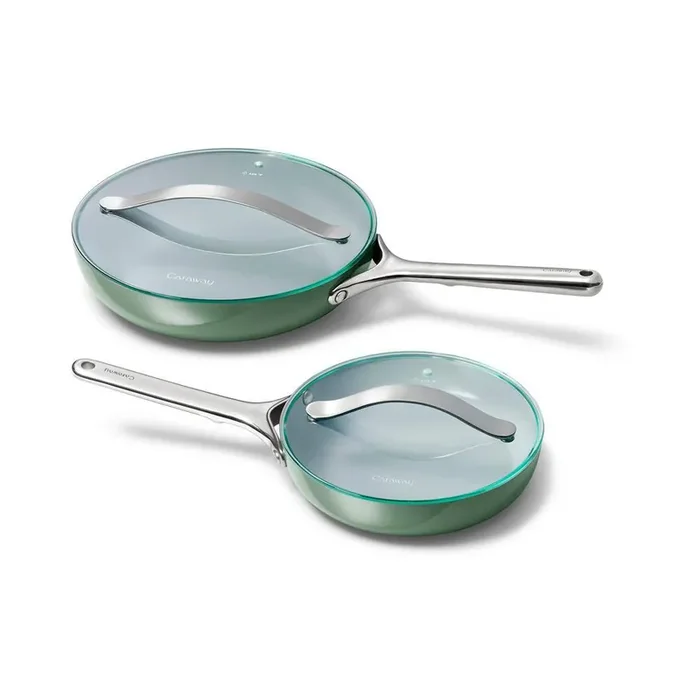 2-Piece Ceramic Fry Pan Cookware Set with Glass Lids in Sage