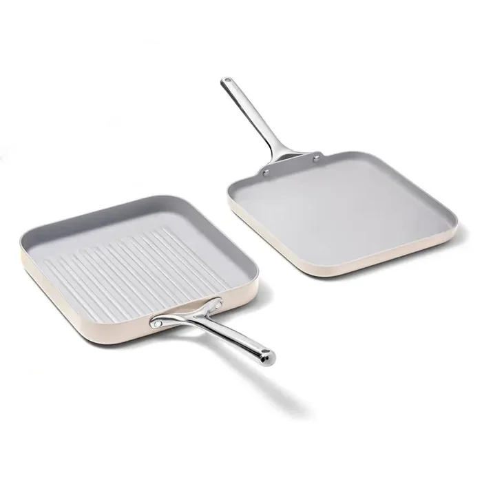 2-Piece Ceramic Square Griddle and Grill Pan Cookware Set in Cream