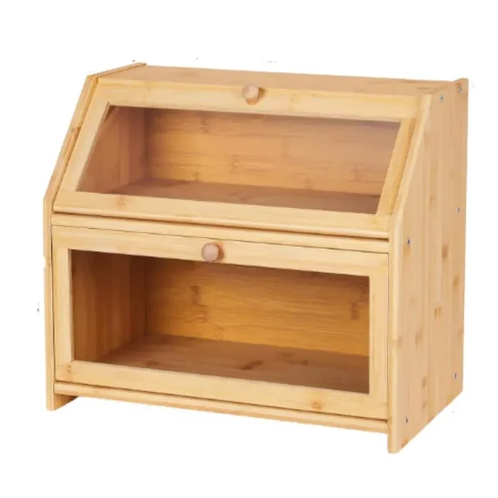 2-Piece Double Layer Bread Box w Large Capacity, Farmhouse Style Kitchen Organizer, Bamboo Wooden Food Storage Container
