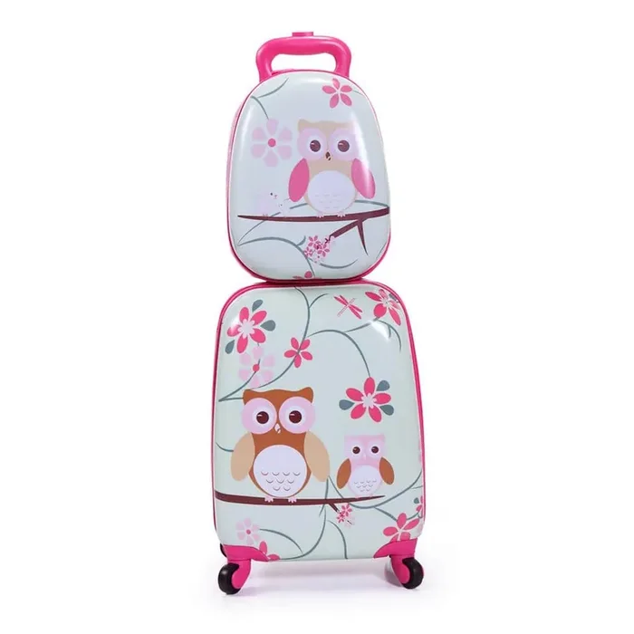 2-Piece Kids Luggage Set Children‘s Pink Owl pattern 12 in. Square backpack and 16 in. 4-Wheel Trolley