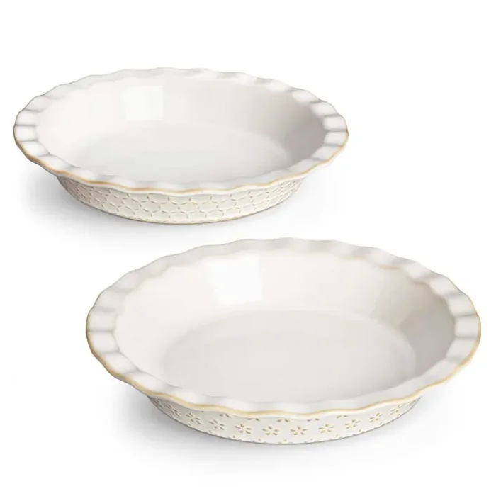 2-Piece Round Stoneware Pie Dish Set Ivory White Baking Dish Embossed Pattern Bakeware 40 oz.