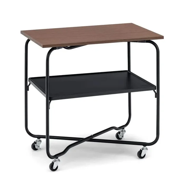 2-Tier Brown Wooden Roll in.g Kitchen Cart with Metal Storage Shelf and Foldable Frame
