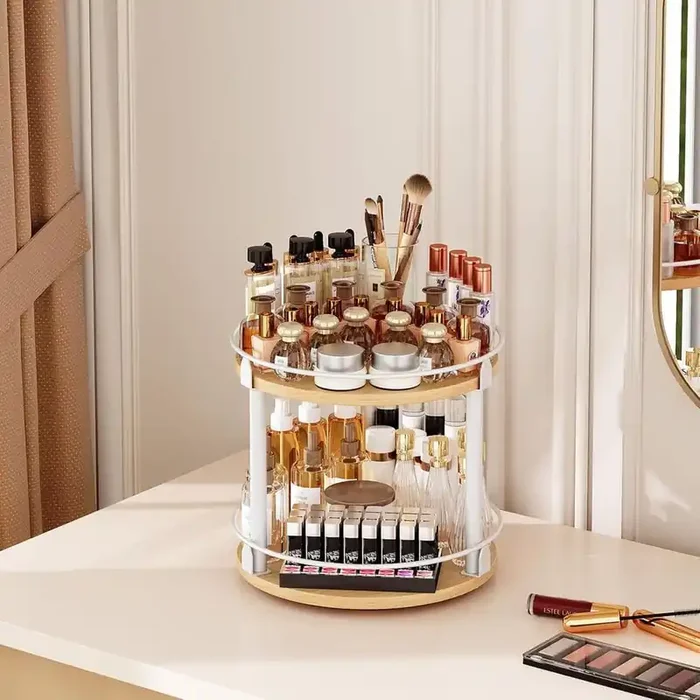 2 Tier Metal Rotating Spice Rack for Kitchen Countertop, Compact and Versatile, White and Natural