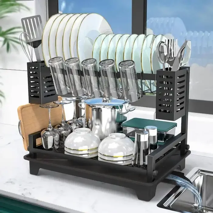 2-Tier Stainless Steel Dish Racks with Drainboard and Utensil Holders for Kitchen Counter and Sink, Black