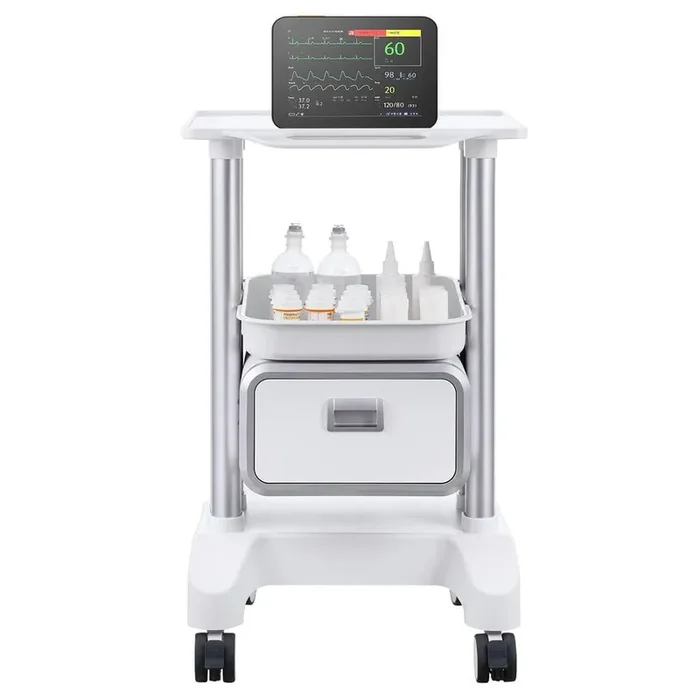 2 Tiers Lab Carts, Lab Utility Cart with 1 Drawer & 1 Top Tray, Mobile Medical Cart, Lab Rolling Cart White Kitchen Cart