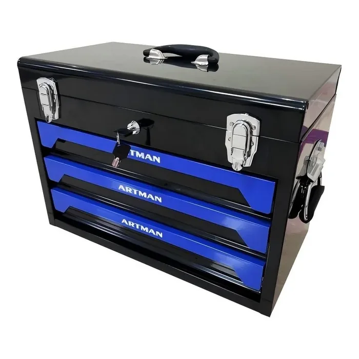 20 in. 3-Drawer Steel Toolbox, 4-Layers of Tools with Metal Latches in Black and Blue