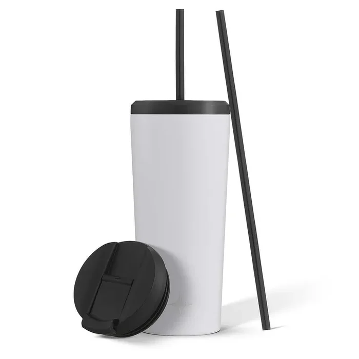 20 oz. White Vacuum Insulated Stainless Steel Tumbler with Flip Lid and Straw Lid Options