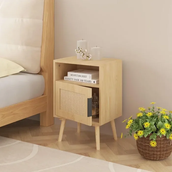 22.83 in. H Rattan Nightstand, Side Table with Door Open Shelf, Accent Bedside End Table with Solid Wood Legs in Oak