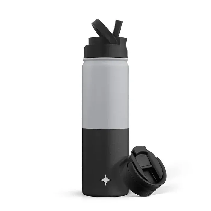 22 oz. Grey/Black Vacuum Insulated Stainless Steel Water Bottle with Flip Lid and Sport Straw Lid