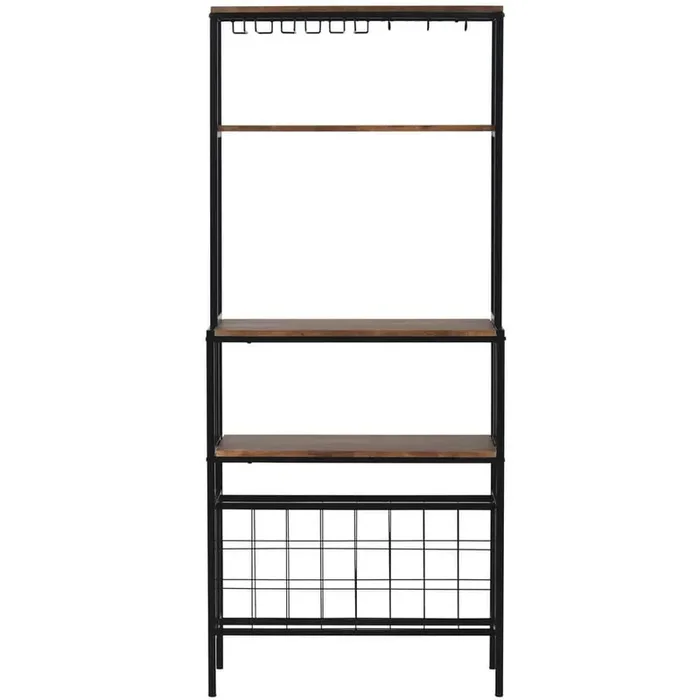 24-Bottles Industrial Modern 5-Tier Baker Rack Freestanding Bar Wine Rack Table with Glass& Cup Holders&Hooks Black