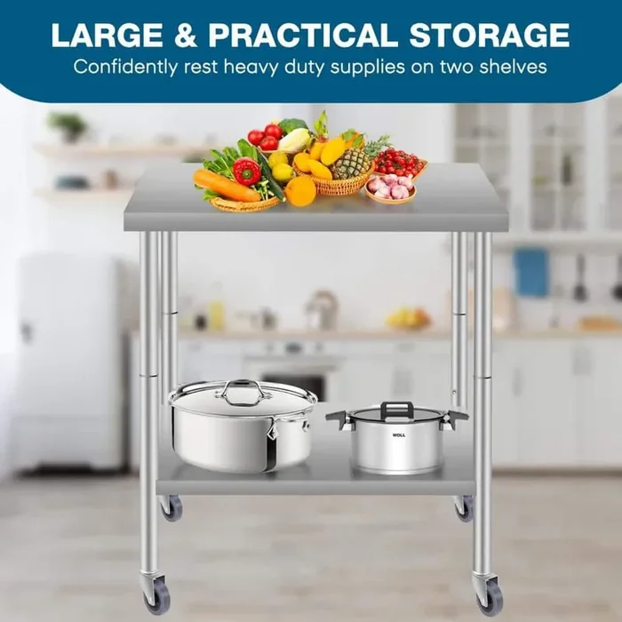 24 in.x18 in. Commercial Work Table, Stainless Steel Kitchen Prep Table with Under Shelf and Wheels Restaurant inSilver