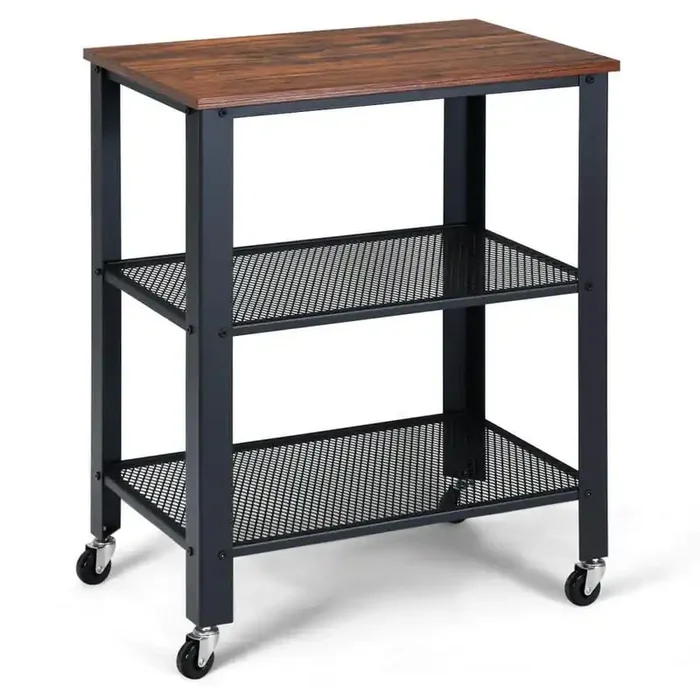 24in Industrial Serving Cart 3-Tier Kitchen Utility Cart on Wheels w/Storage Black